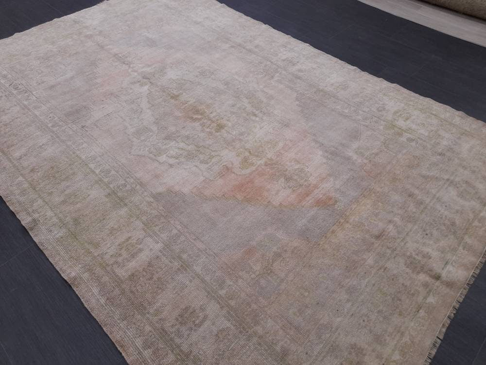 MUTED Handmade Rug 5.2 x 7.8 Vintage Turkish Rug, Soft wool Rug NATURAL Wool Rug, Living Room Rug, Oushak Rug, Hand Knotted Rug Kitchen Rug