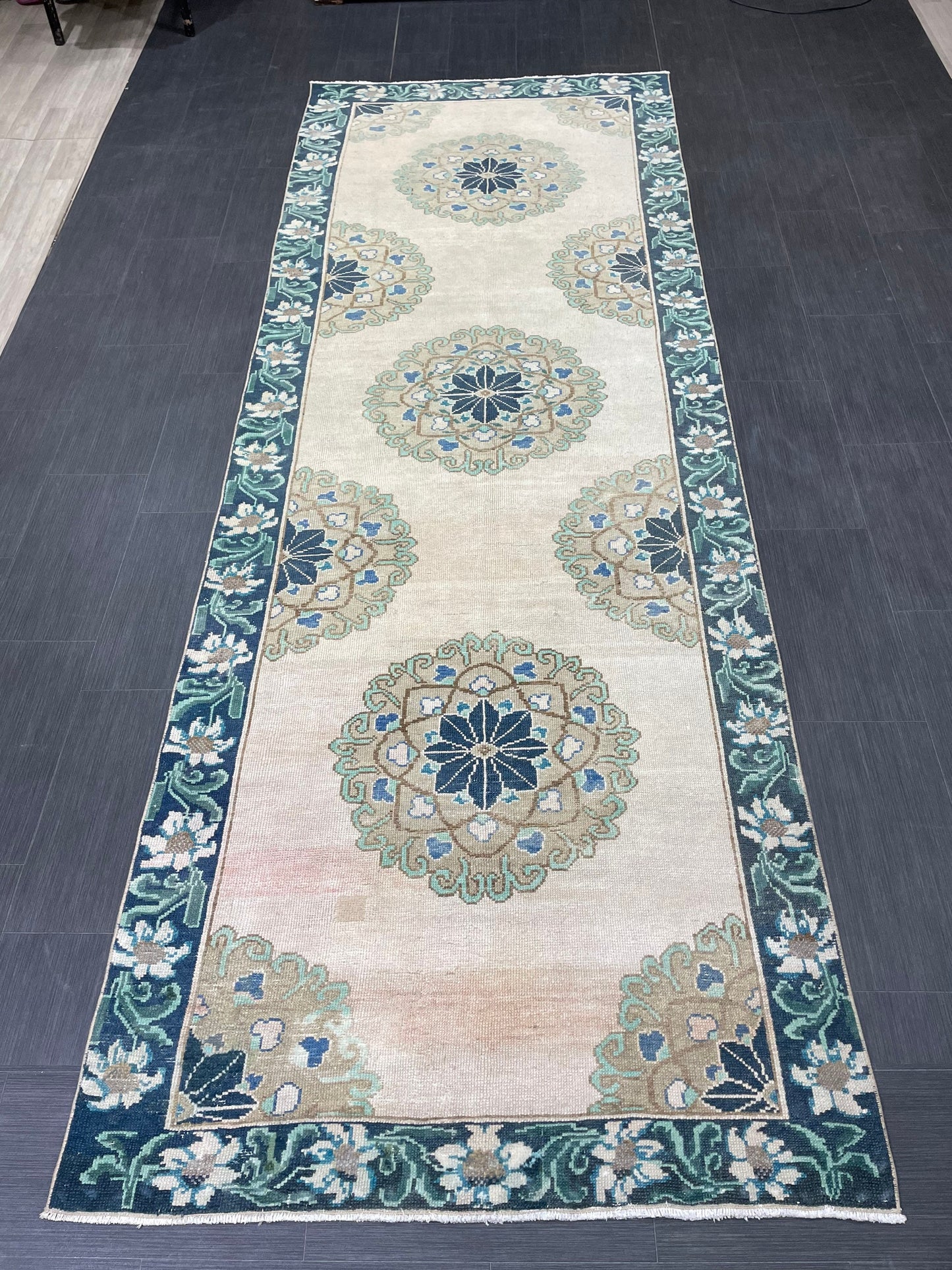 Green Turkish Runner Rug 4 x 11.3 Muted Vintage Runner Persian Hallway Runner Rug Kitchen Runner Rug Oriental Runner Muted RUNNER