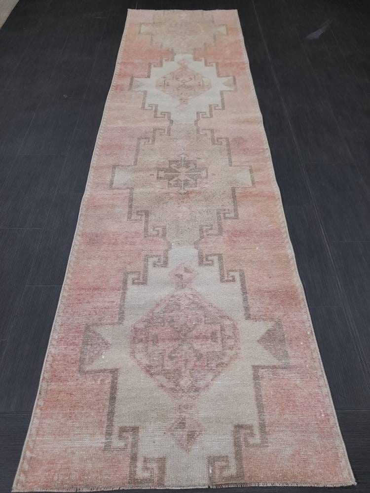 Muted Vintage Oriental Runner Rug 2.8 x 10.5 Muted Oushak Turkish Runner Rug Short Vintage Muted Runner Rug Hallway Runner Soft Wool Runner