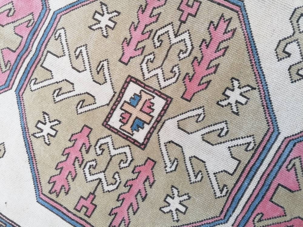 Bohemian pink color rug, pastel green oushak blue rug , turkish wool rug, handmade living room rug 5'9x9'5 feet