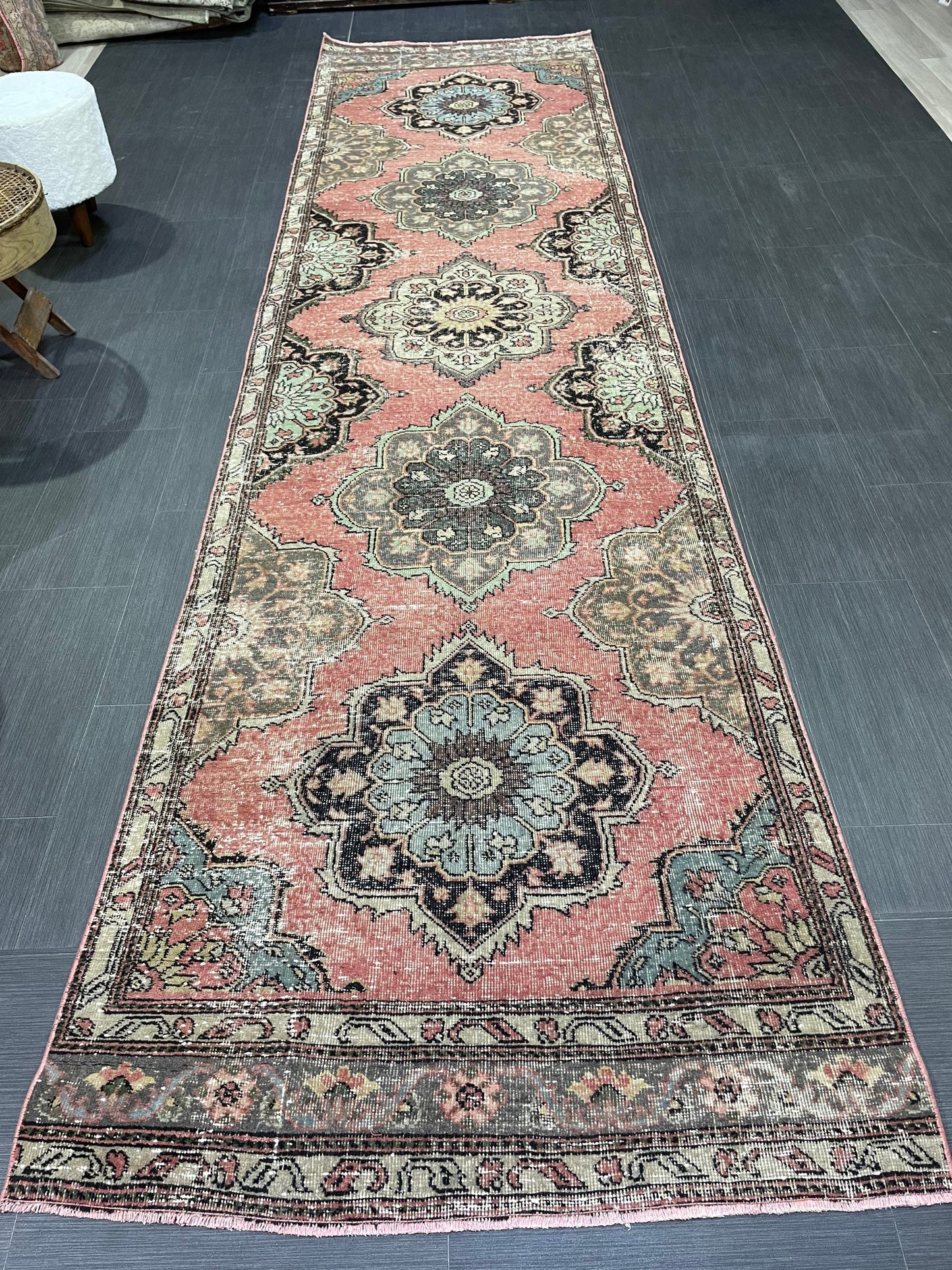 Hand Knotted Runner Rug, Vintage 3.4 x 12.7 Runner Rug, Oushak Runner Rug, Turkish Runner Rug Kitchen Runner Rug Wool Runner