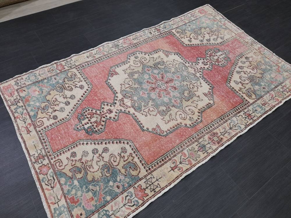 Hand Knotted Rug 4.4 x 7.3 Vintage Rug Red Turkish Rug, Farmhouse Rug, Handmade Vintage Oriental Rug, Wool Hand Knotted rug