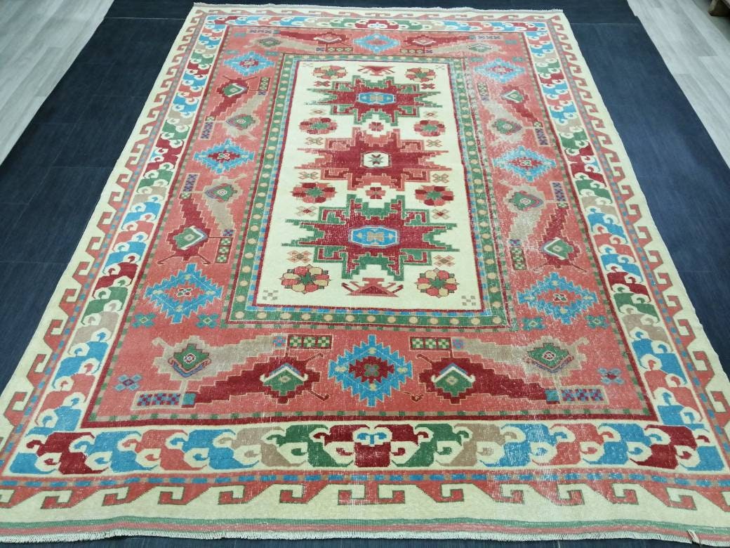 Vintage Rug 6.7 x 9 TURKISH HAND MADE Rug Vintage Turkish Rugs Oushak Rug Turkish Oushak Rug, Vintage Oushak Rug, Wool Rug