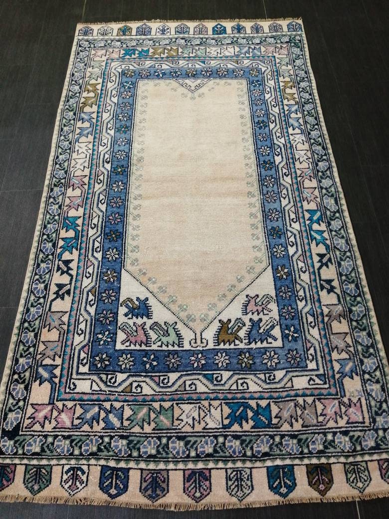 Muted Turkish Vintage Hand Made Rug, 3.7 x 7 Oushak Rug, Rustic Rug, Muted Rug, Vintage Turkish Rug, Farmhouse Rug, Vintage Rug, Wool rug