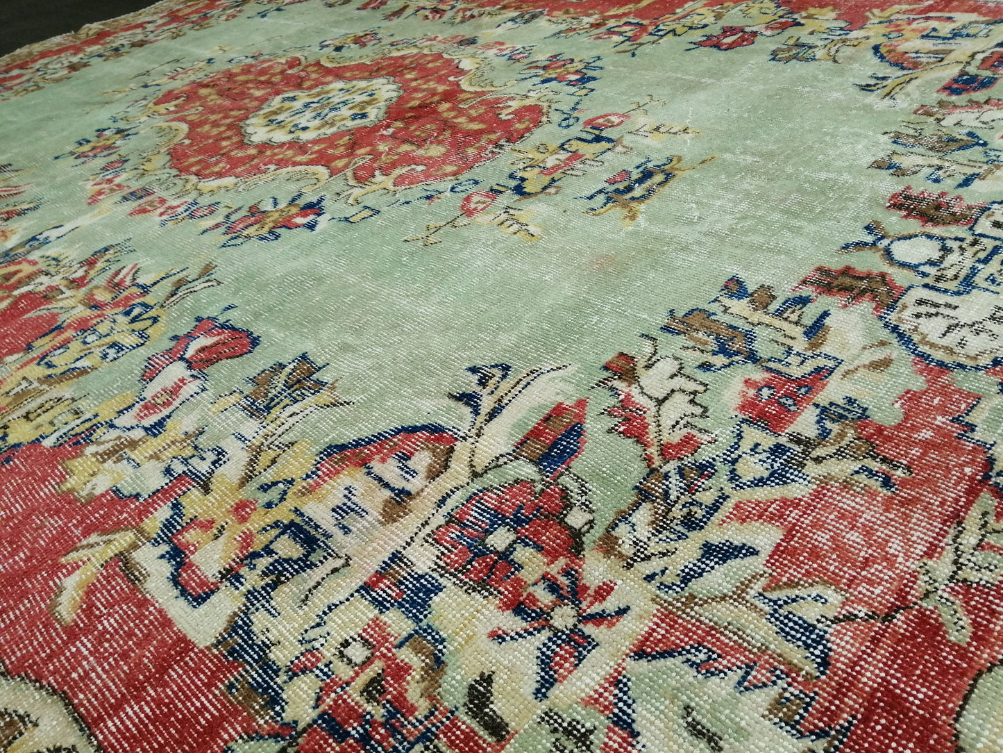 9.5x6.7 Rugs, Hand Made Rug, Oushak Rug, Rustic Rug, Light Green And Red Rug, Rug Runner, Turkish Rug, Farmhouse Rug, Vintage Rug, Wool rug