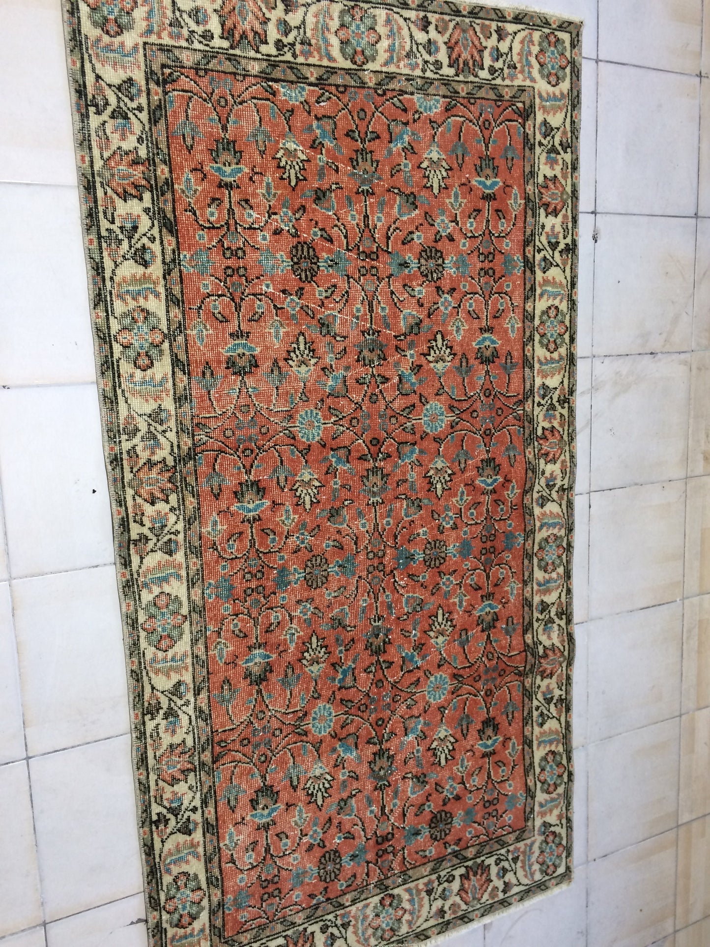 3.5 x 7 Rug Turkish Rug Eclectic Rug Shabby Chic Rug, Rustic Rug,Floral Boho Rug, Rug Runner, Farmhouse Rug, Vintage Rug, Orange Rug