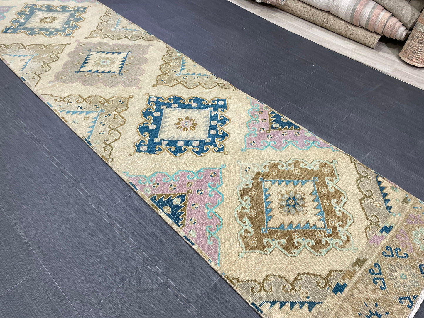 Hand Knotted Vintage Runner Rug 2.9 x 13.3 ft Muted Turkish runner rug Oushak Runner Hallway Rug runner Hand Knotted Star Runner Rug