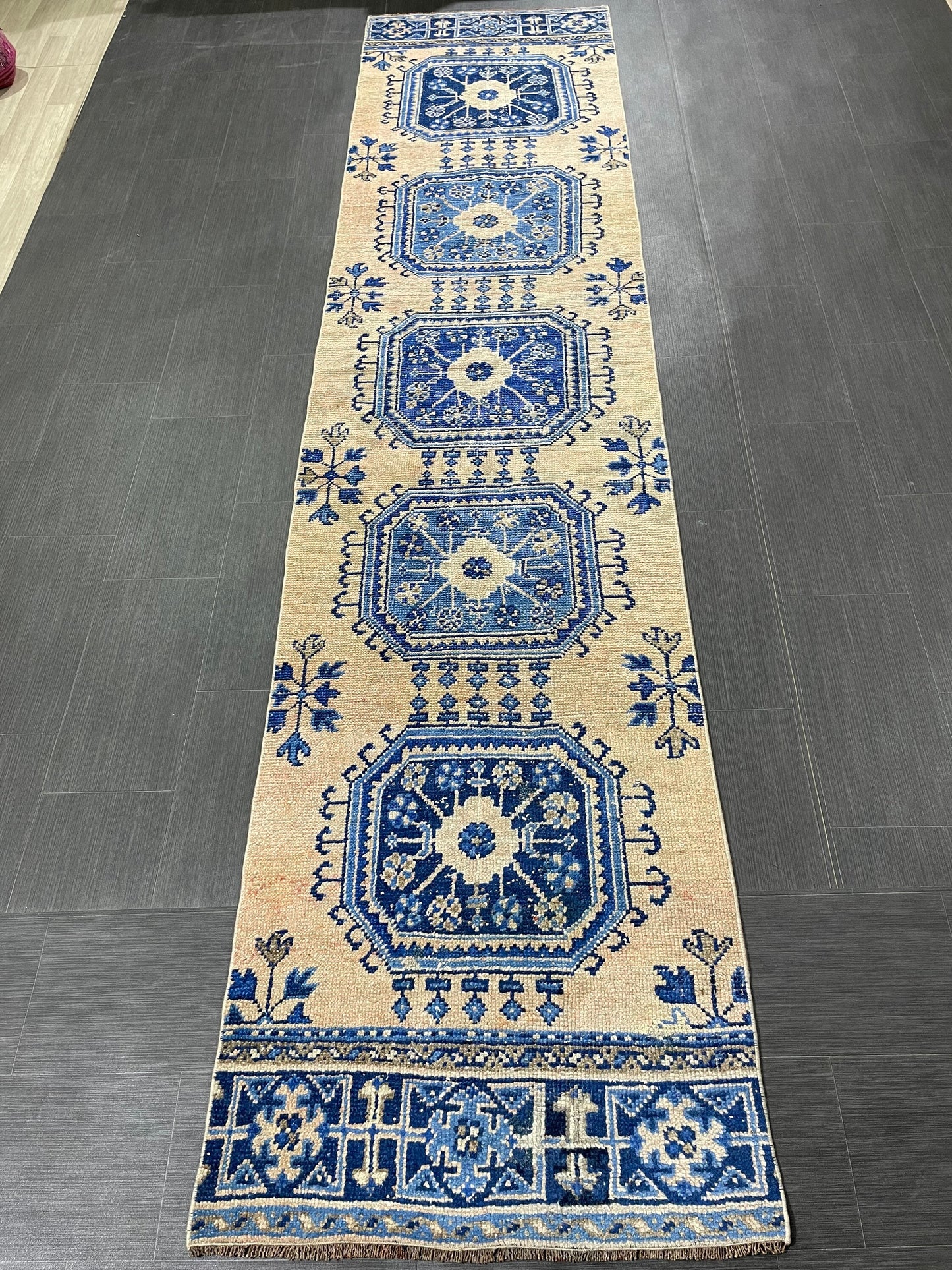 Blue and Blue Vintage Runner Rug Vintage Oushak Runner Rug 2.7 x 12 Hallway Runner Rug Turkish Kitchen Runner Antique Oriental Runner Rug
