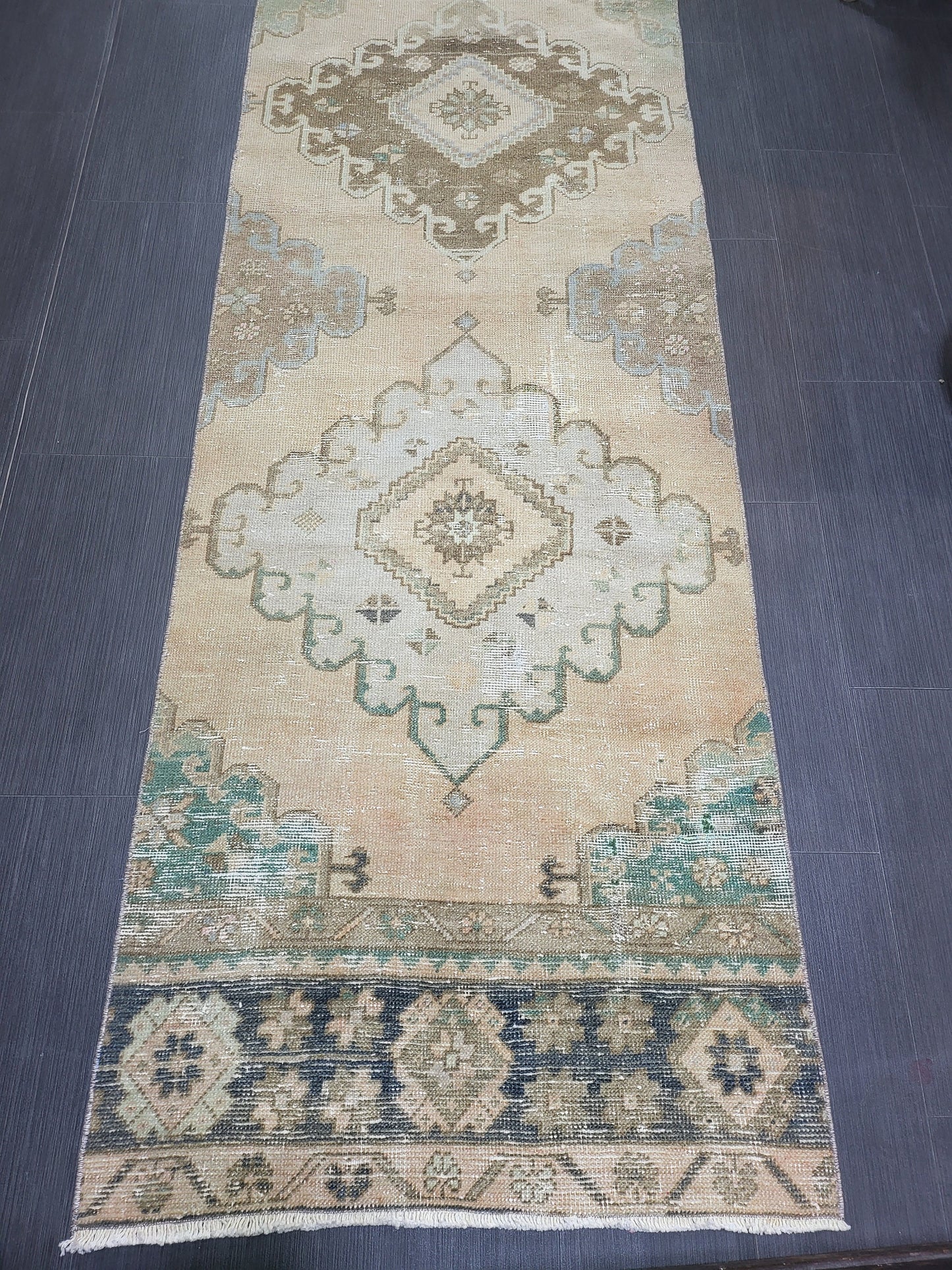 Distressed VINTAGE Rugs, Handmade Runner Rug, Oushak 2.8 x 12.10 Runner Rug, Rustic Runner Rug, Antique Rug, Turkish Rug, Farmhouse Rug,