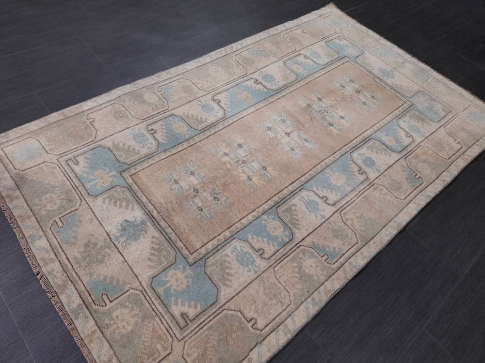 Muted Vintage Turkish Rug 3.5 x 6 Oushak Rug, Wool Oriental Rug, Blue Muted Vintage Persian Rug, Hand Made Rug Blue Vintage Wool Rug