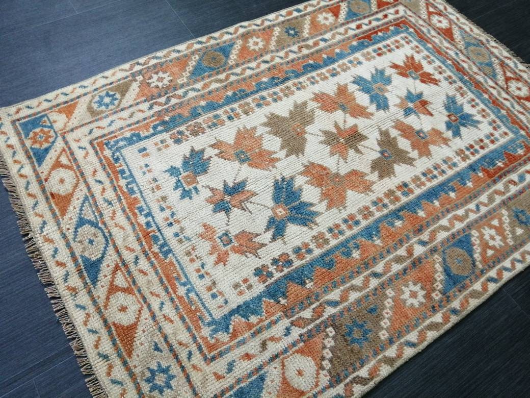 Vintage Floral Rug Hand Made Rug, 2.7 x 4.7 Modern Oushak Rug, Boho Leaves Rug, Fun Turkish Rug, Farmhouse Rug, Vintage Wool rug