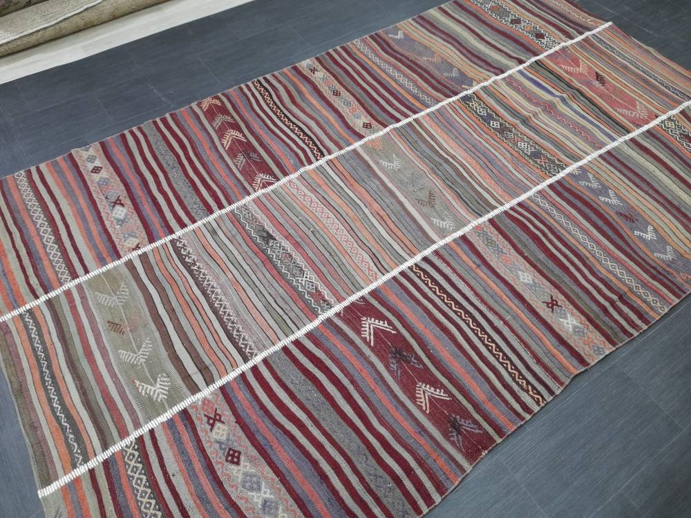 6x10 Vintage Rug Oriental Wool Rug Vintage Flat woven Rug Flatweave Carpet , Stripped Rug Handmade Boho Rug Farmhouse Rug Turkish Kilim Rug
