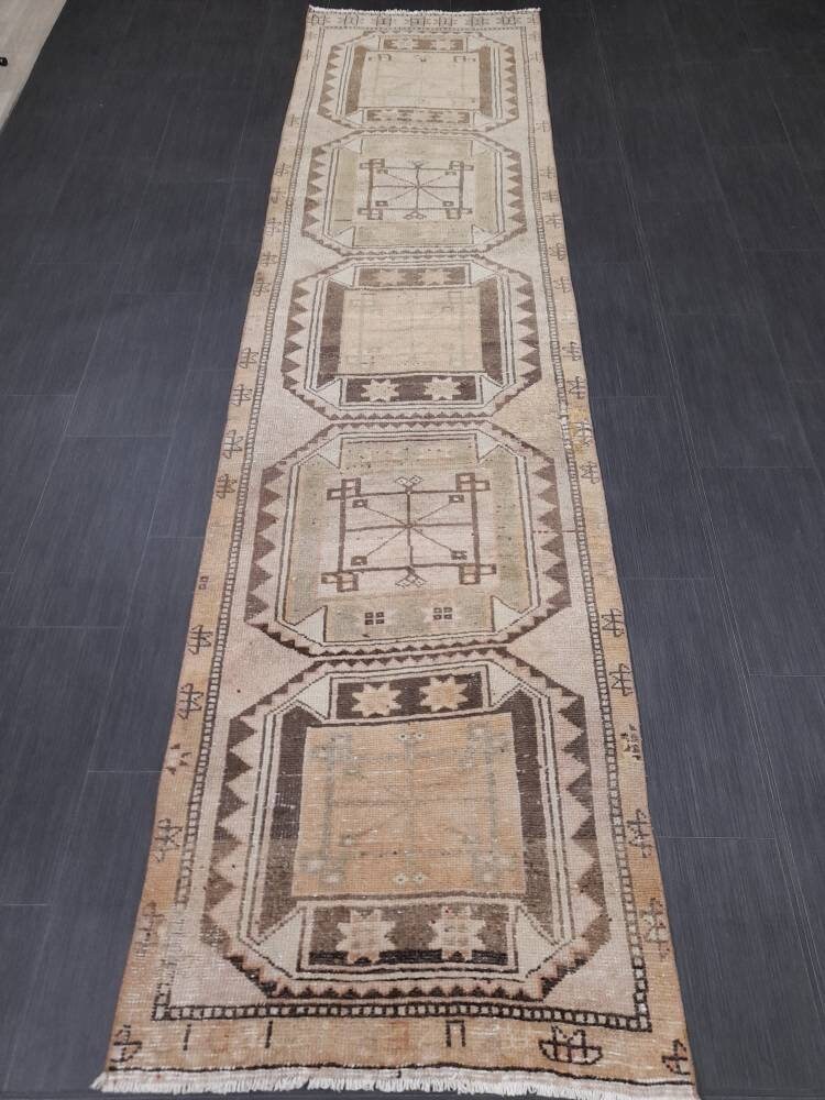 MUTED Oriental Runner Hand Knotted Runner Antique TURKISH Runner 2.7 x 10.7 Vintage Runner Rug Muted Vintage Runner Rug Kitchen Runner