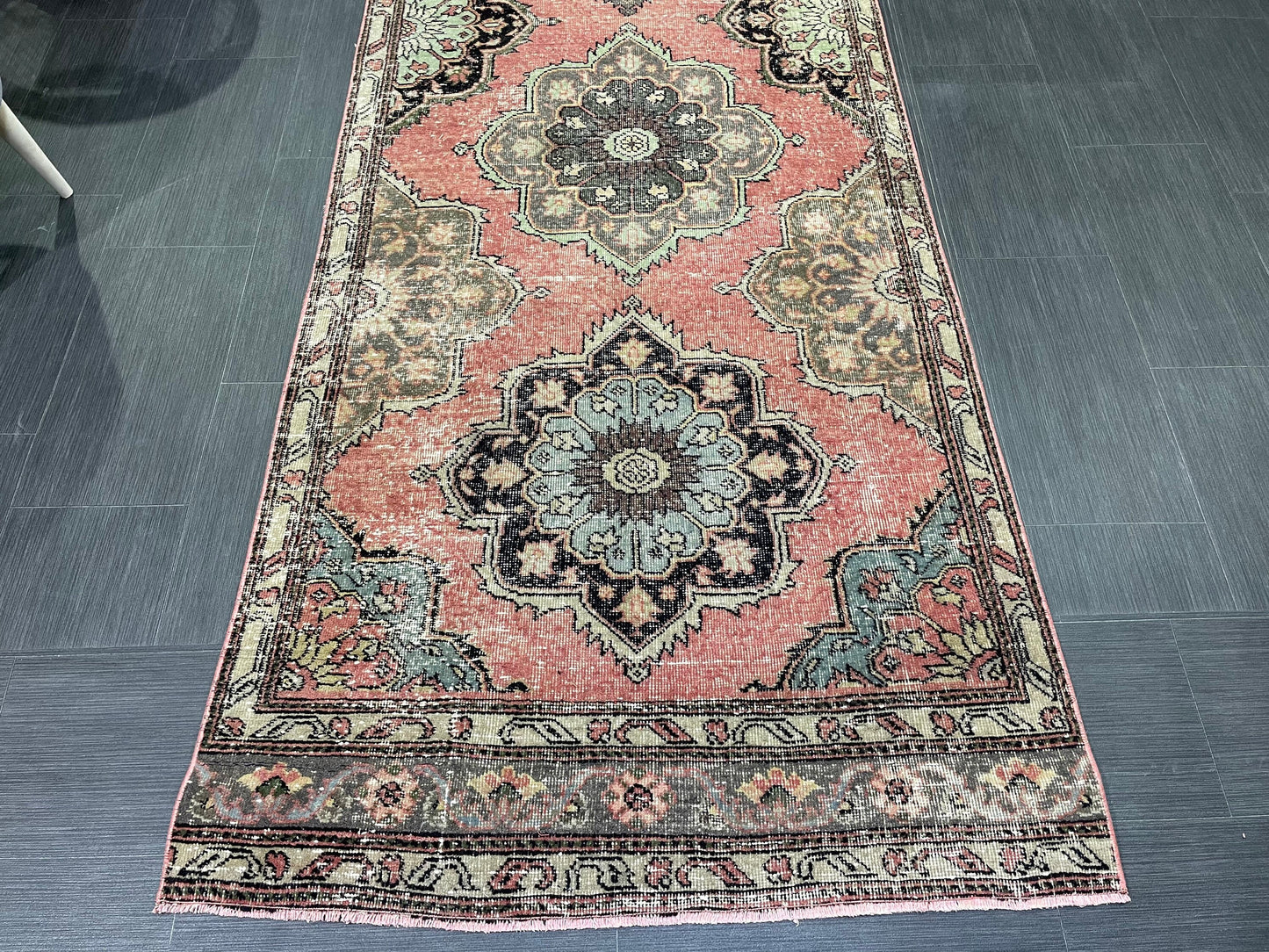 Hand Knotted Runner Rug, Vintage 3.4 x 12.7 Runner Rug, Oushak Runner Rug, Turkish Runner Rug Kitchen Runner Rug Wool Runner