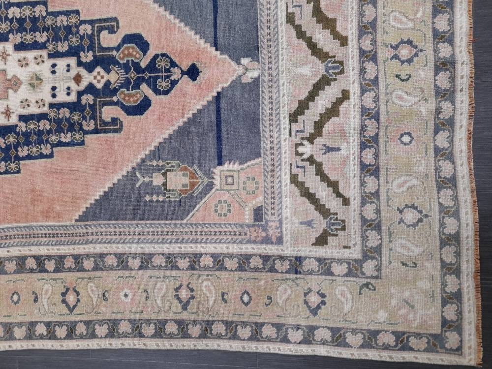 Blue and Pink Vintage Rug 5.2 x 10 Authentic Turkish Oushak Rug Hand Knotted Rug Rustic Rug, Wool Turkish Rug 5x10 Rug Oriental Rug