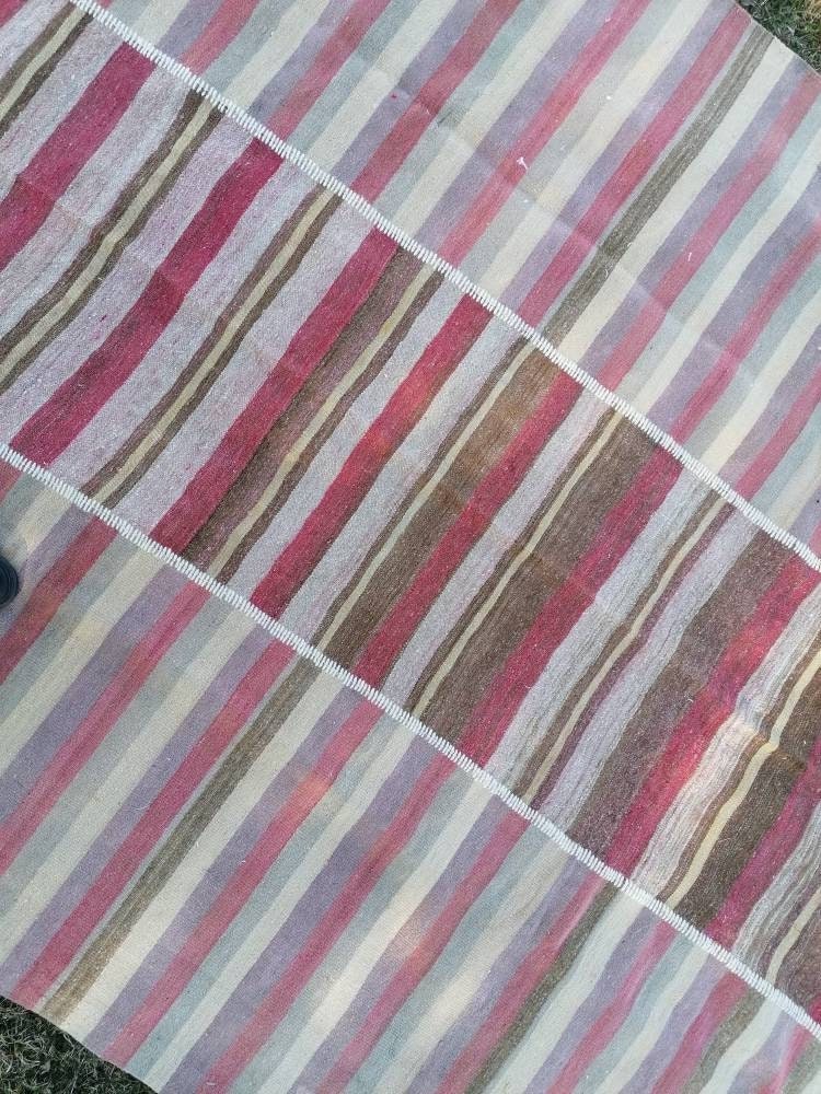 6.8 x 9.7 Flatwoven kilim rug stripe handmade rug vintage turkish rug, vintage oushak rug, wool rug