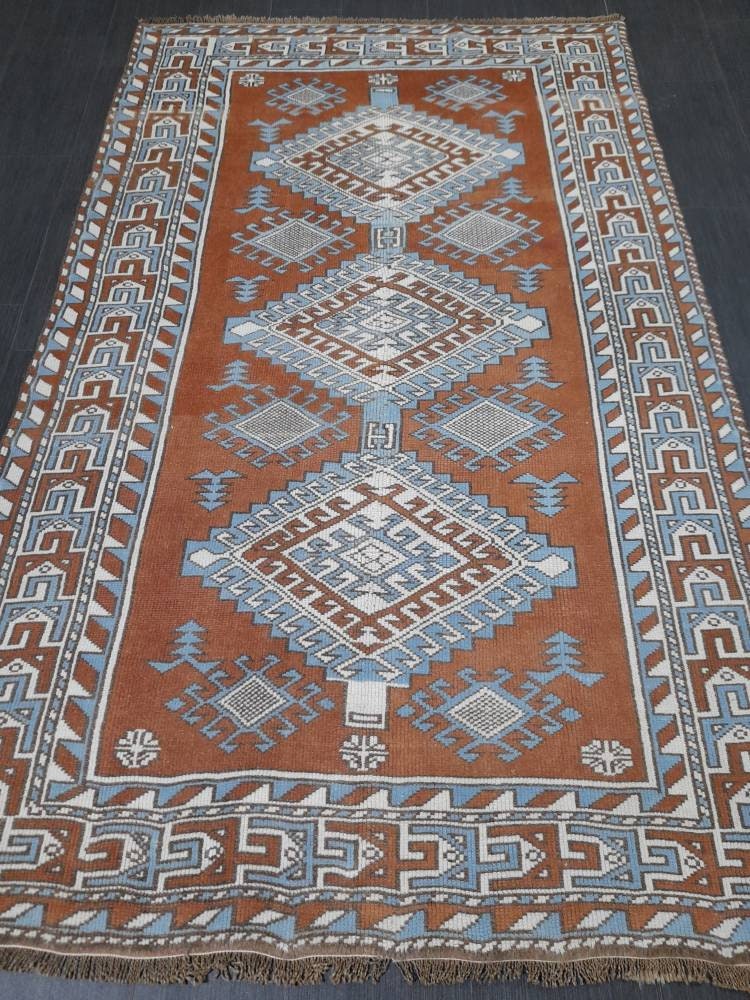 Turkish Rug 4.6 x 7.5 Vintage Oushak Rug Light Blue and Brown Vintage Rug Wool Muted Oushak Rug Hand Made Rugs Vintage Turkish Rug
