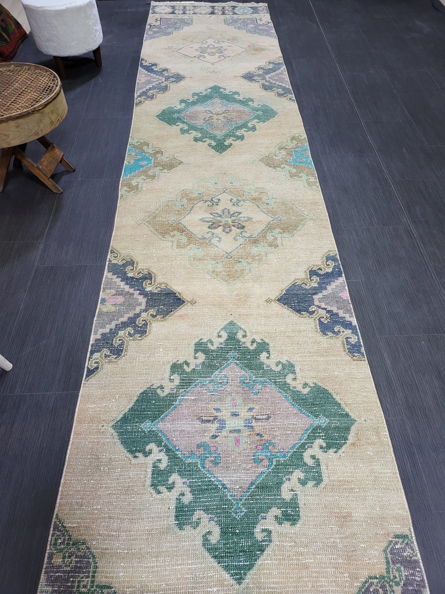 Antique Handmade Runner RUG, TURKISH Oushak 2.10 x 12.7 Rug, Vintage Runner Rug,Vintage Runner Rug Wool Oushak Rug Hand Knotted Rug