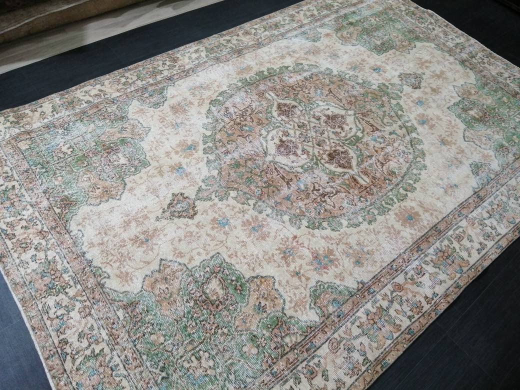 OUSHAK RUG Persian Rug 6.8 x 10.4 TURKISH Rug Vintage Wool Rug Muted Vintage Oriental Rug Wool Oushak Rug Hand Made Rugs Green Vintage Rug