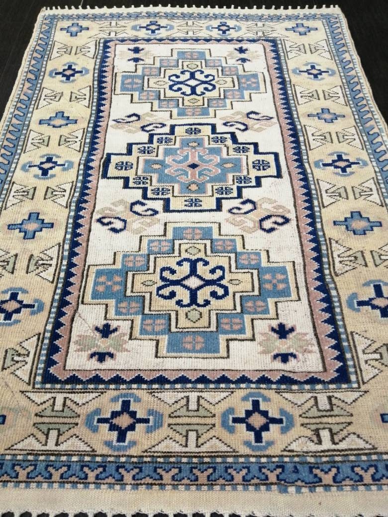 Vintage Blue Rug, 3.9 x 5.7 Hand Made Rug Oriental Rug, Wool Oushak Rugs, Hand Made Rug, Persian Rug, Vintage Turkish Rug, Farmhouse Rug