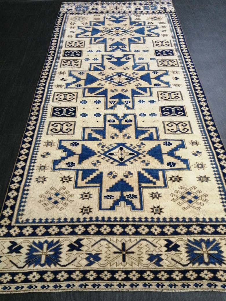 Oriental RUG 4.2 x 9.6 Oushak Rug Blue Persian Rug Navy Vintage Rug Fine Oushak Rugs Antique Turkish Rug Muted Cream Turkish room Rug