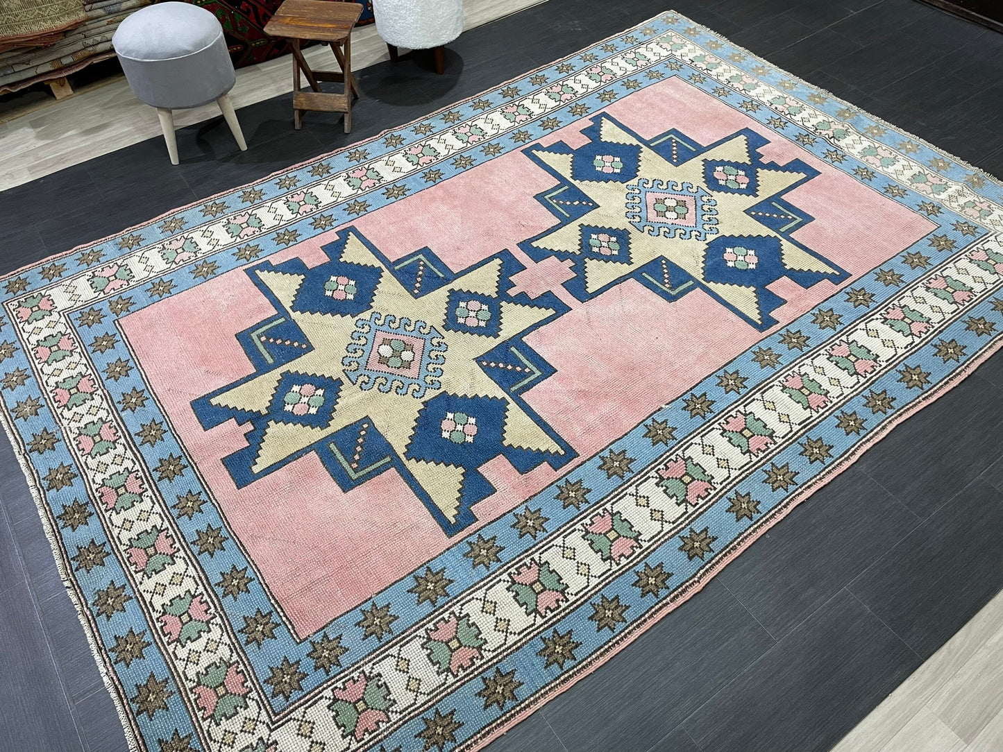 Wool OUSHAK RUG TURKISH 6.6 x 10 Rug Vintage Oriental Rug Vintage Handmade Rug Wool Vintage Pink and Blue Rug Hand Knotted Rug