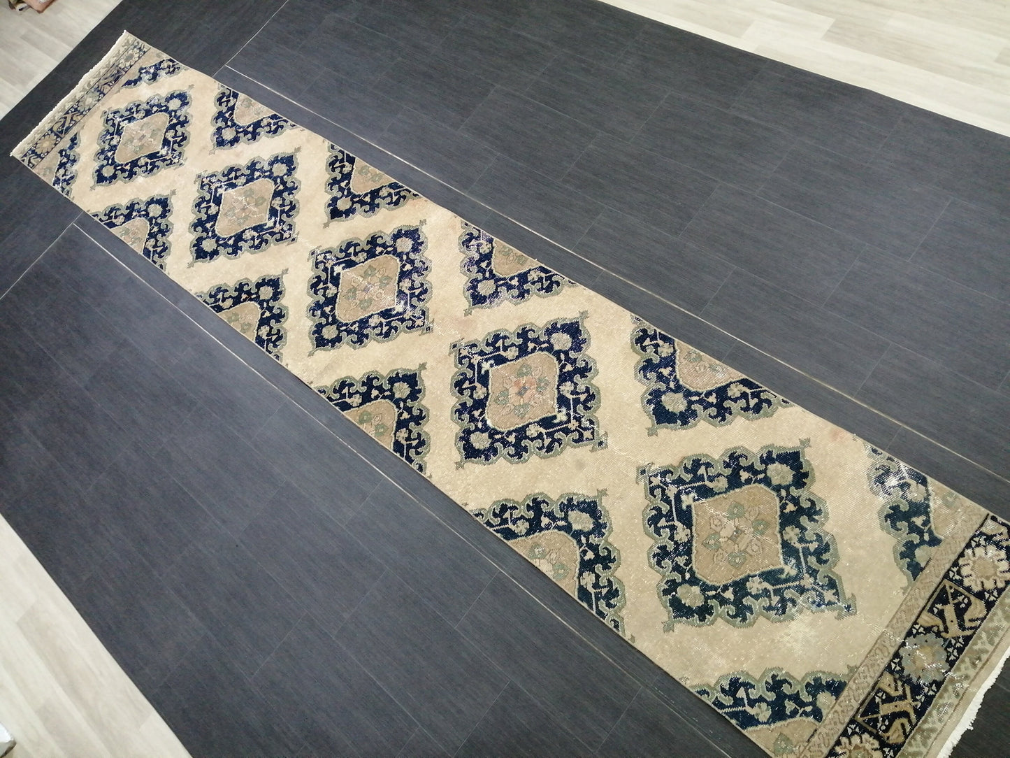 2.6 x 14 Long Navy Oushak Runner Rug Turkish Runner Rug Vintage Runner Rug Hallway Runner Rug Kitchen Runner Rug Wool Runner Rug Wool Rug