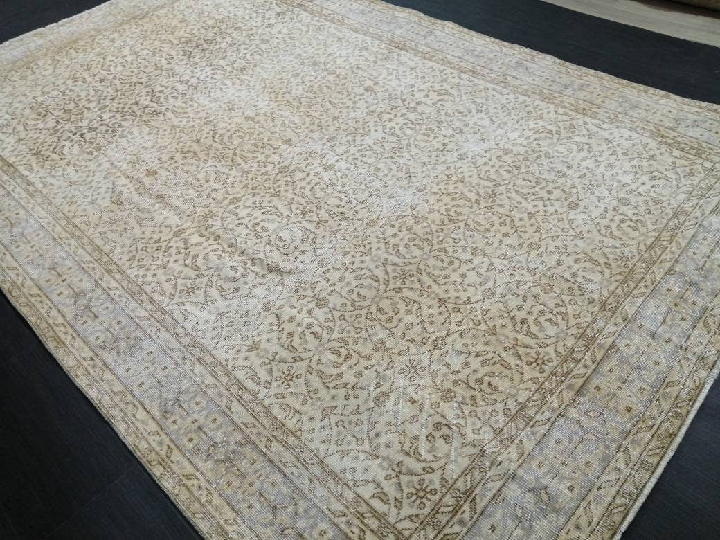 Muted Vintage Rug Neutral 6.5 x 10 Oushak Rug Vintage Rug Wool Oushak Rug Neutral Hand Made Rugs Vintage Turkish Rug 7x10