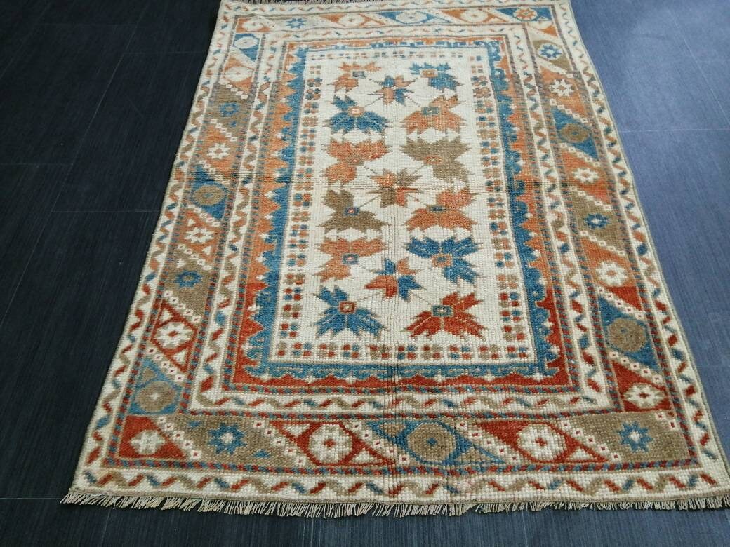 Vintage Floral Rug Hand Made Rug, 2.7 x 4.7 Modern Oushak Rug, Boho Leaves Rug, Fun Turkish Rug, Farmhouse Rug, Vintage Wool rug