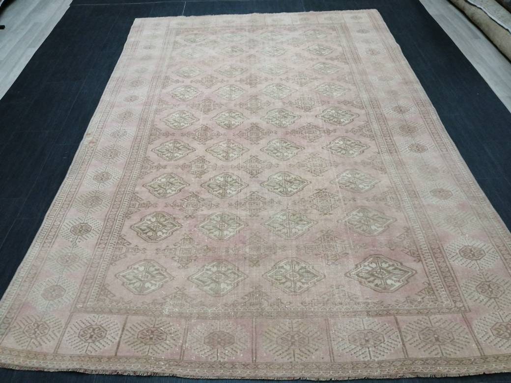 VINTAGE RUG 9 x 6.2 soft Pink Oushak Rug Vintage Light Pink Rug Hand Knotted Rug Wool Oushak Rug Hand Made Rugs Vintage Turkish Rug