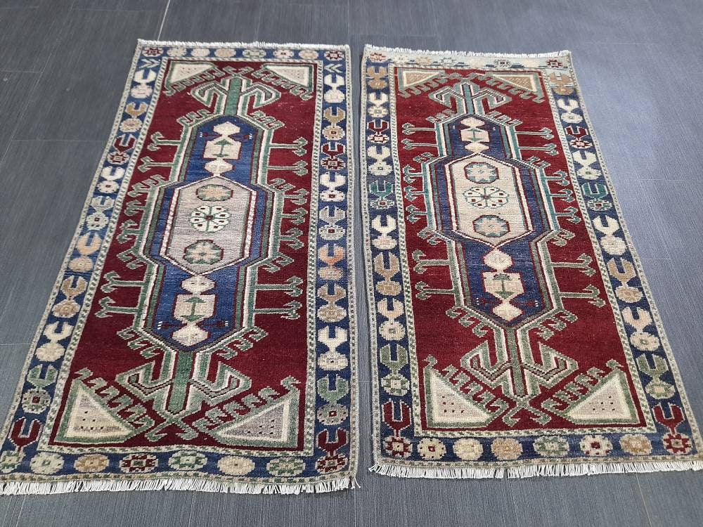 Pair Of Small Rug Turkish Rug Mini Rug Twin Small Area Rug 2x4 Turkish Rug Oushak Rug Persian Hand Made Rug Matching Oriental Vintage Rug