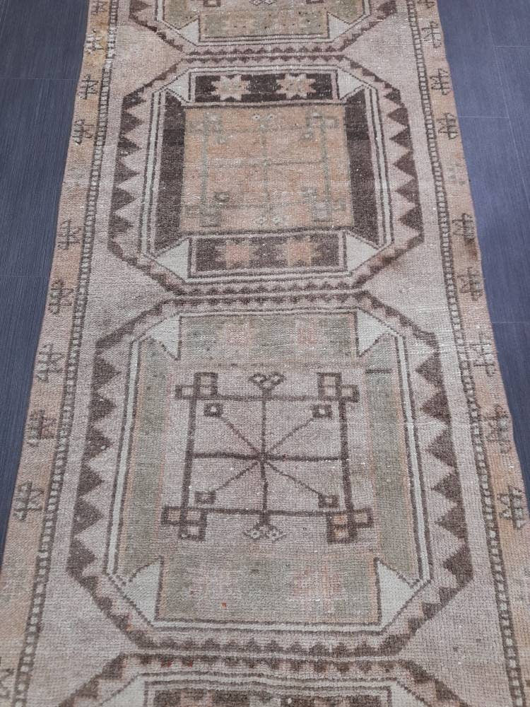 MUTED Oriental Runner Hand Knotted Runner Antique TURKISH Runner 2.7 x 10.7 Vintage Runner Rug Muted Vintage Runner Rug Kitchen Runner