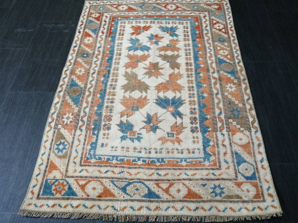 Vintage Floral Rug Hand Made Rug, 2.7 x 4.7 Modern Oushak Rug, Boho Leaves Rug, Fun Turkish Rug, Farmhouse Rug, Vintage Wool rug