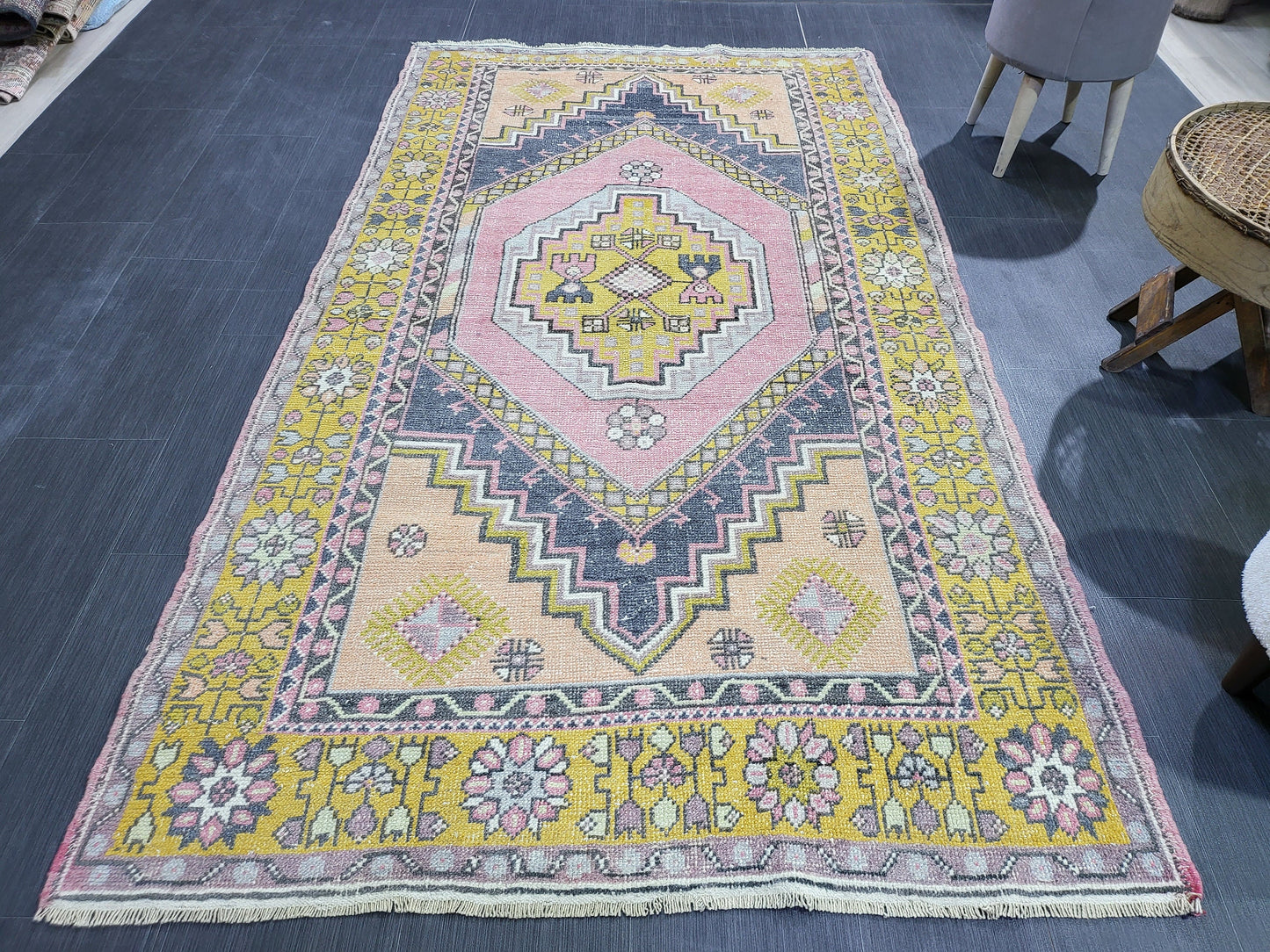 Vintage Rug, TURKISH 4.2 x 7.4 HANDMADE Rug, Vintage Turkish Rug, Oushak Rug, Turkish Oushak Rug, Vintage Handknotted Rug, Wool Rug