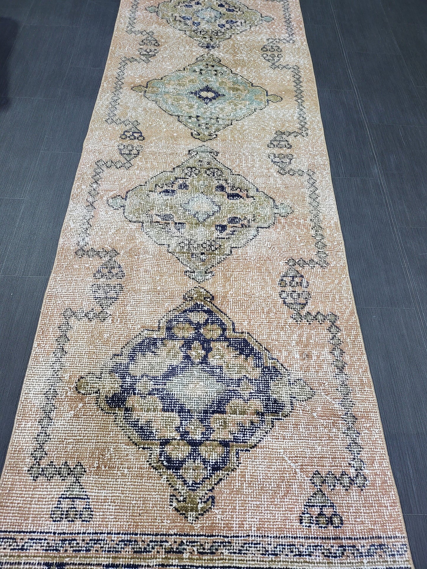 2.9 x 11.4 Low Wool Pile Oushak Runner Rug, Turkish Runner Rug, Vintage Runner Rug, Hallway Runner Rug Kitchen Runner Rug Wool Runner Rug