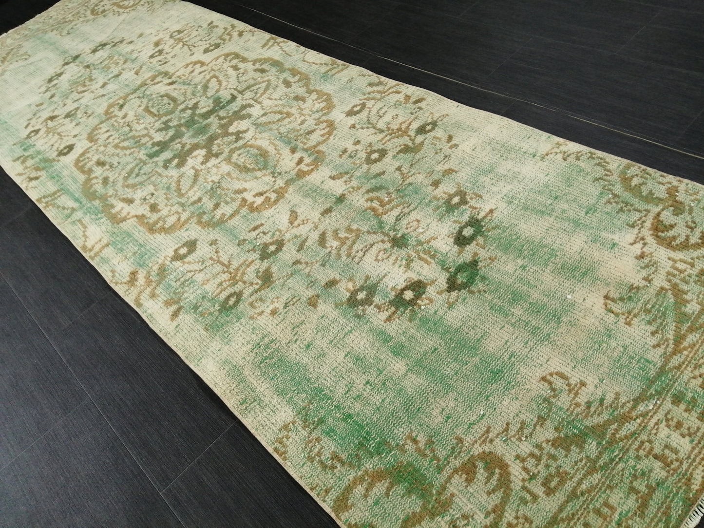 Green Oushak Runner Rug 2.9 x 9.2 Distressed Turkish Rug Runner Vintage Runner Rug Hallway Runner Rug Kitchen Runner