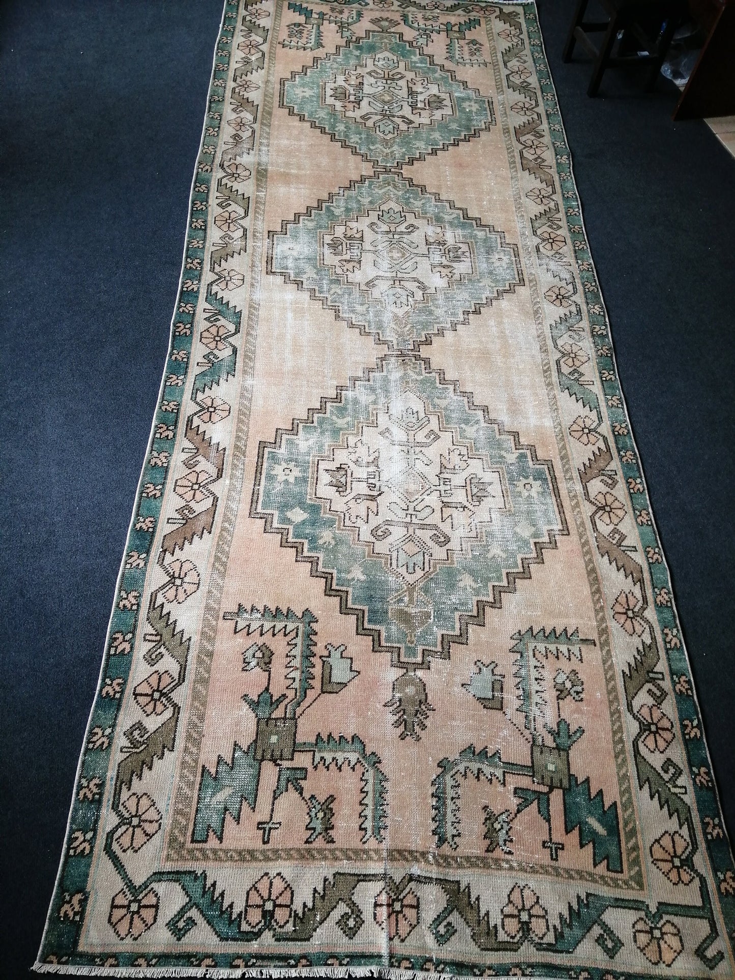 12.5 x 4.7 Large Vintage Rugs TURKISH HAND MADE Rugs Green Vintage Turkish Rugs Oushak Rug Turkish Oushak Rug, Vintage Oushak Rug
