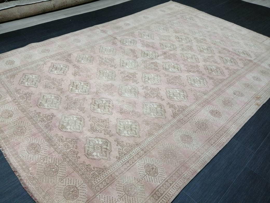 VINTAGE RUG 9 x 6.2 soft Pink Oushak Rug Vintage Light Pink Rug Hand Knotted Rug Wool Oushak Rug Hand Made Rugs Vintage Turkish Rug