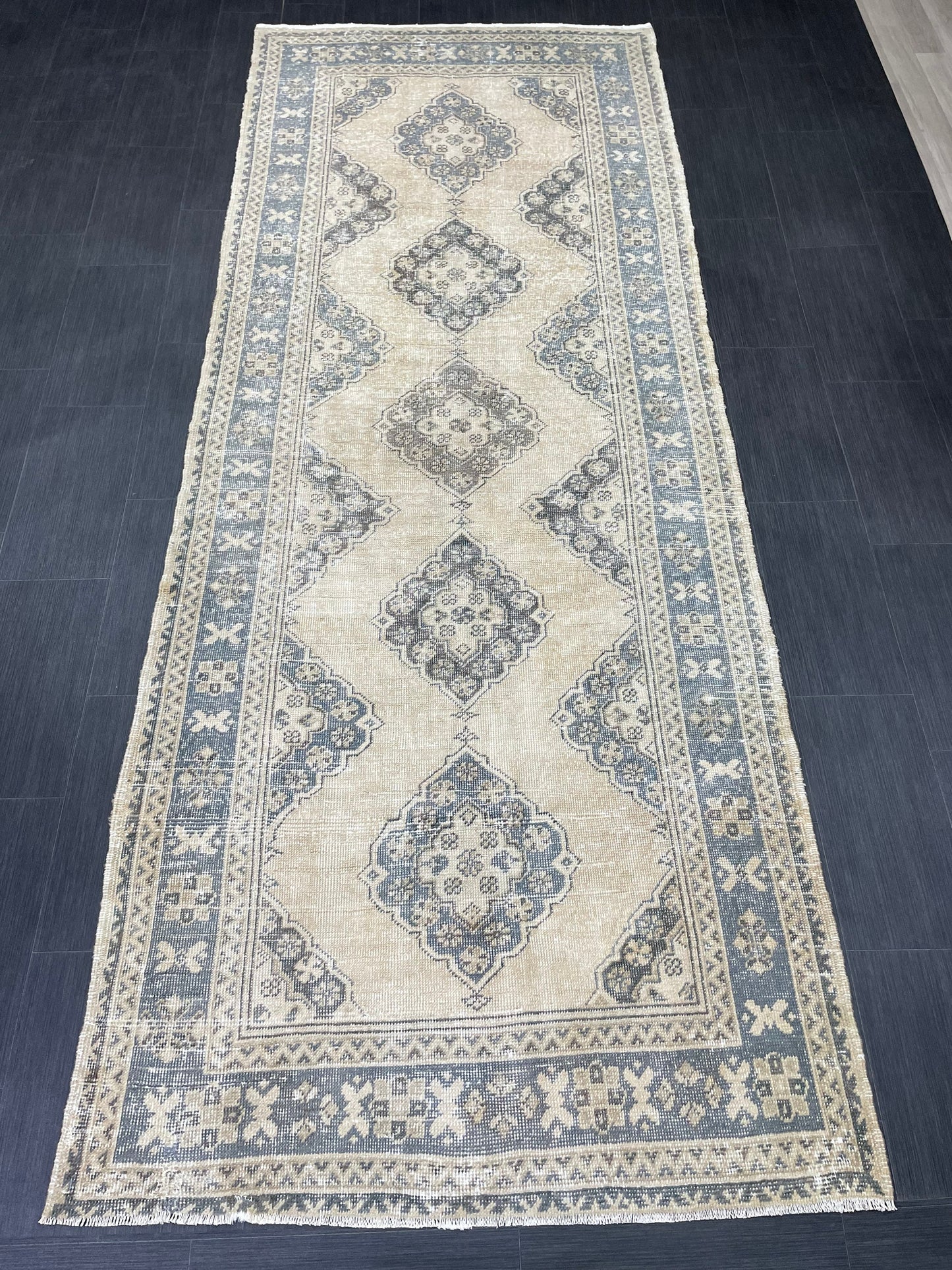 Vintage Hand Knotted Rug Vintage 4.2 x 11 Runner Muted Runner Rug Turkish Runner Rug Vintage Runner Rug Star Kitchen Runner Most See Rug