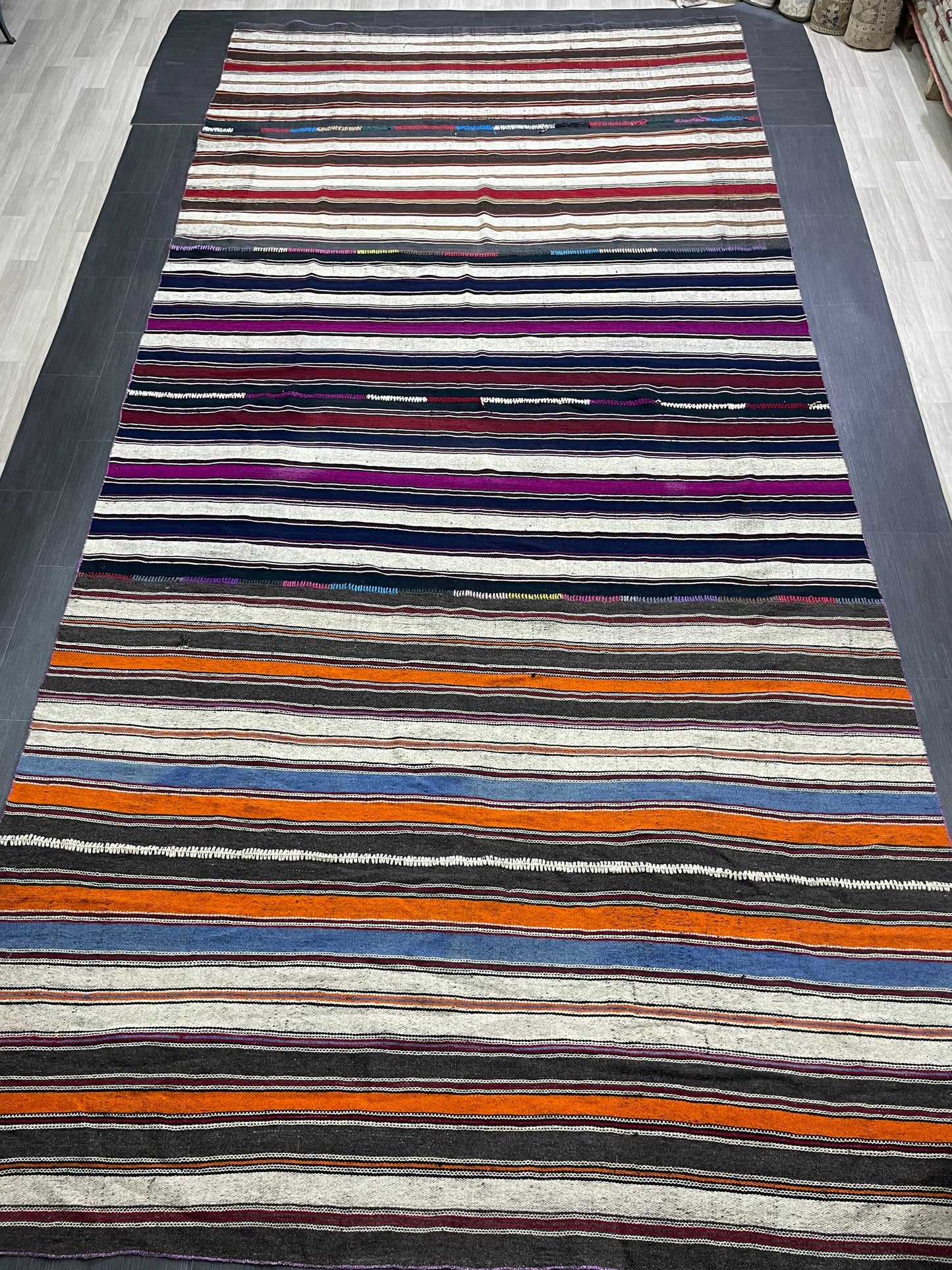 7.5 x 15.4 Vintage Flat woven Rug, Turkish Rug Handmade Flatweave Carpet , Stripped Flatweaving, Rustic Rug, Farmhouse Rug, Oushak Rug