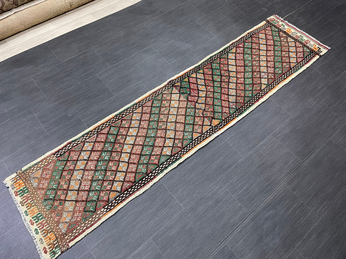 Handmade Embroidery Runner Rug 1.8 x 8 Turkish Runner Rug Flat weave Vintage Runner Rug Flat-woven Hallway Runner Rug Kitchen Runner