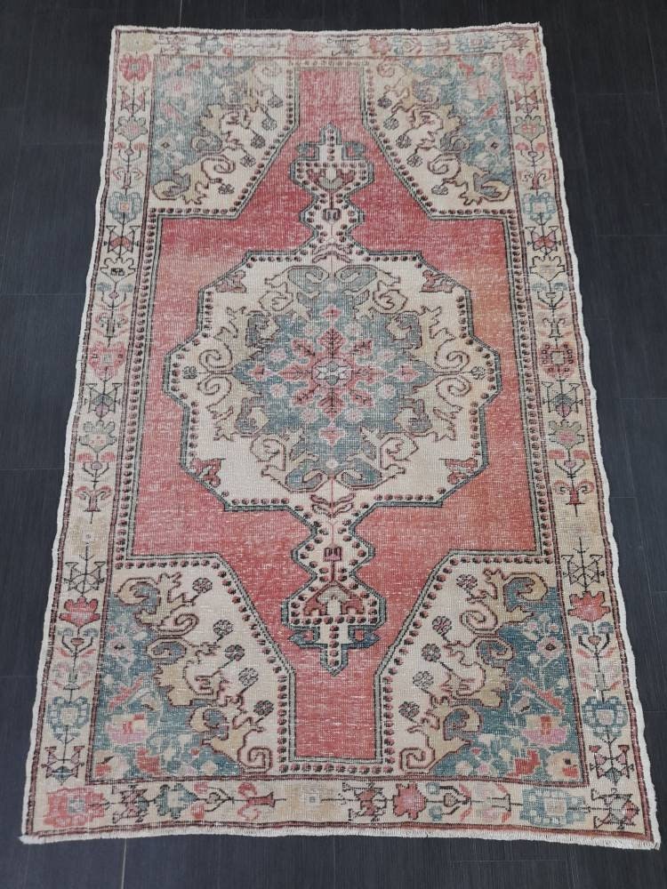 Hand Knotted Rug 4.4 x 7.3 Vintage Rug Red Turkish Rug, Farmhouse Rug, Handmade Vintage Oriental Rug, Wool Hand Knotted rug