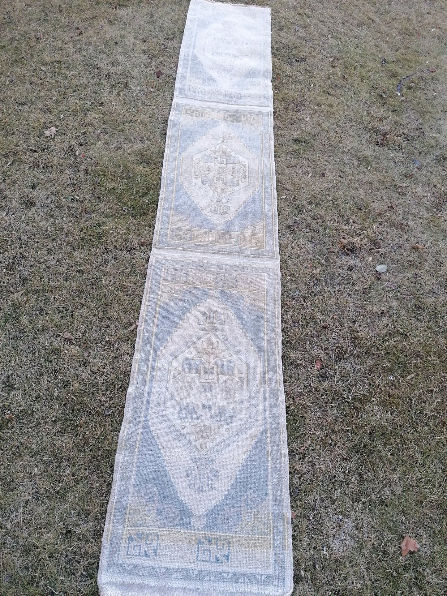 1'9x10'5 muted blue runner rug, faded vintage turkish runner, hallway runner rug, kicthen runner rug, oushak runner rug