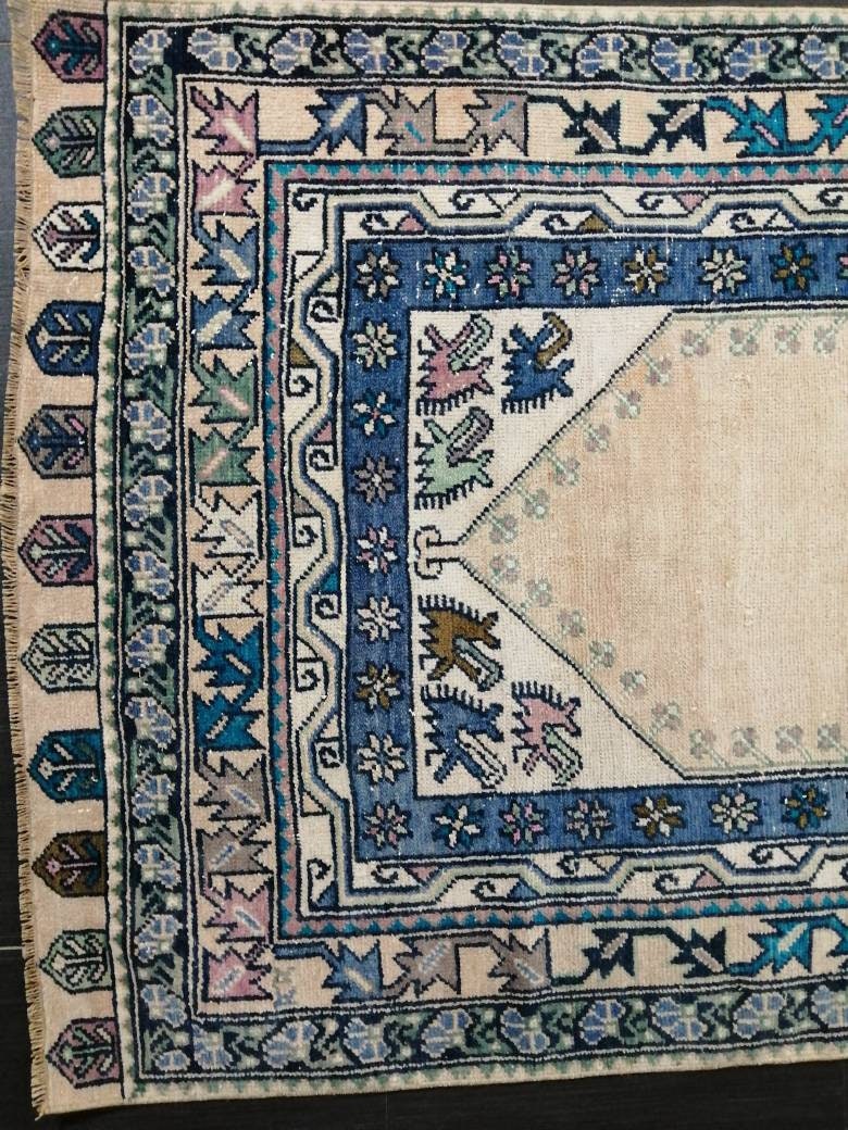 Muted Turkish Vintage Hand Made Rug, 3.7 x 7 Oushak Rug, Rustic Rug, Muted Rug, Vintage Turkish Rug, Farmhouse Rug, Vintage Rug, Wool rug