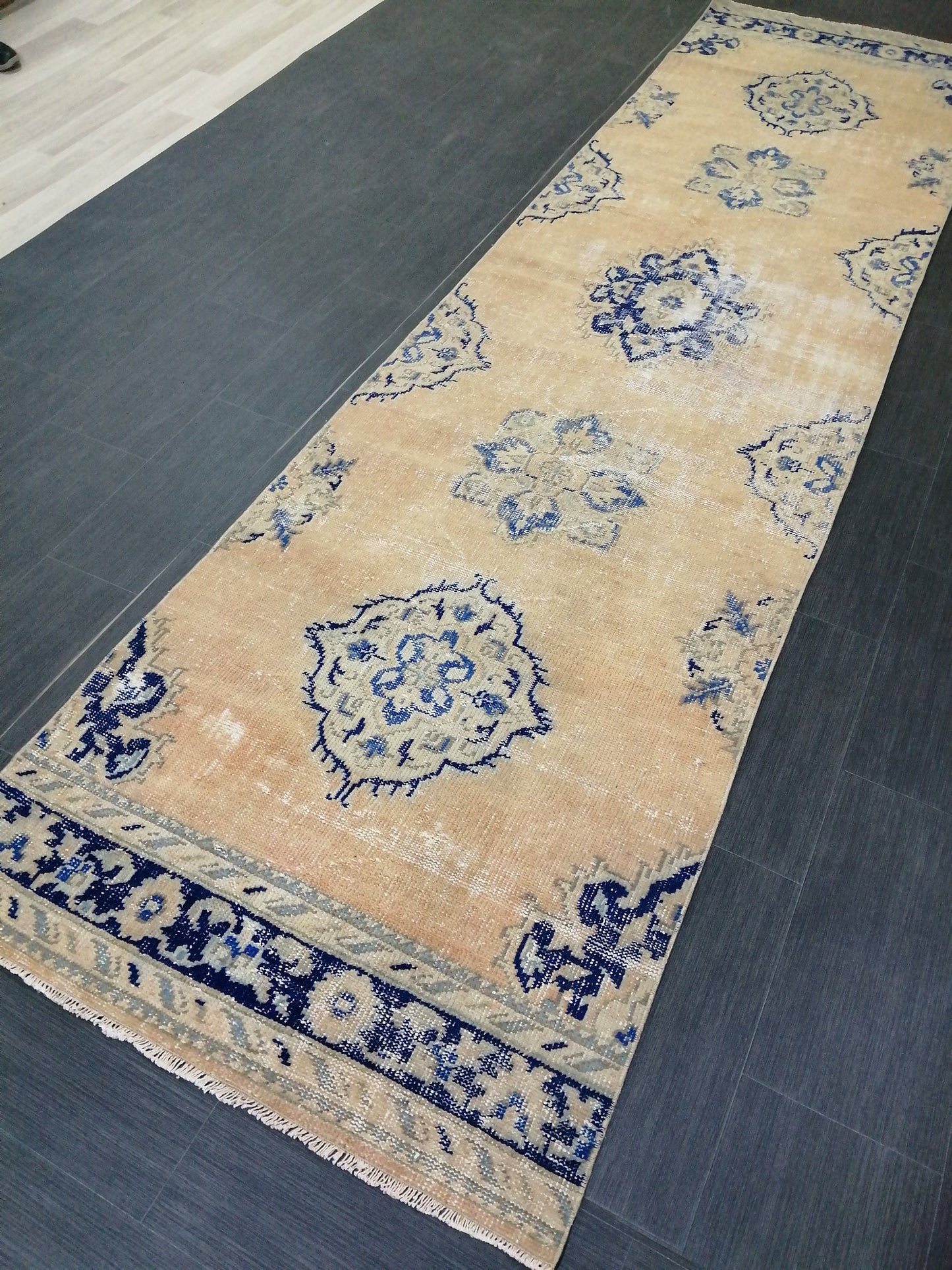 3 x 12 Blue Oushak Runner Rug Turkish Runner Rug Vintage Runner Rug Hallway Runner Rug Kitchen Runner Rug Wool Runner Rug Wool Oushak Rug