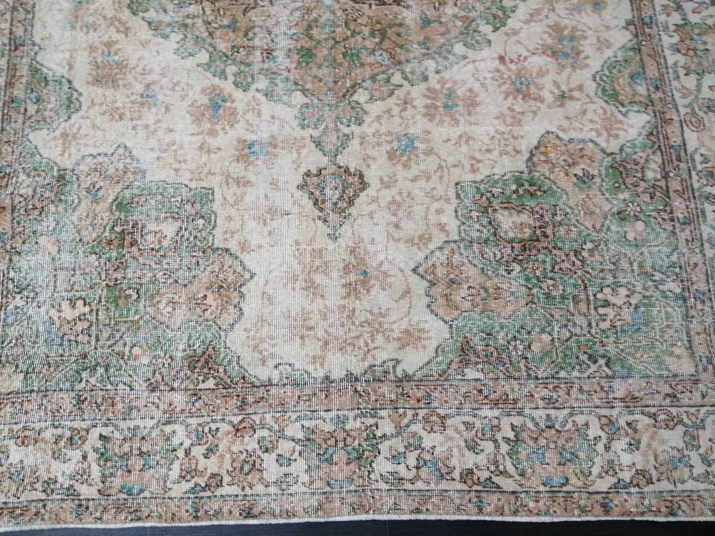 OUSHAK RUG Persian Rug 6.8 x 10.4 TURKISH Rug Vintage Wool Rug Muted Vintage Oriental Rug Wool Oushak Rug Hand Made Rugs Green Vintage Rug