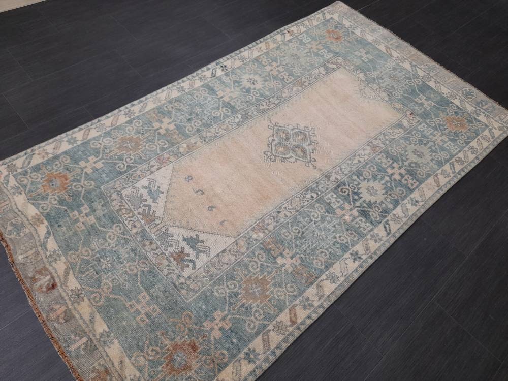 Muted Vintage RUG 3.7 x 6.6 TURKISH Rug Distressed Vintage Rug Wool Oushak Rug Large Hand Made Rugs Vintage Turkish Rug Hand Knotted Rug
