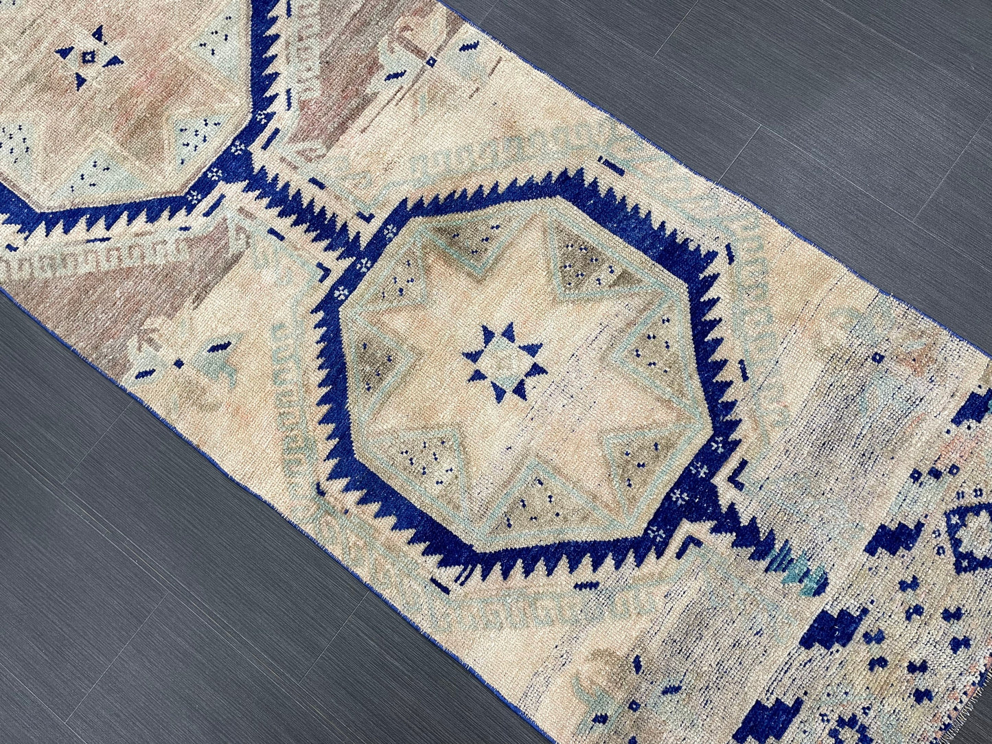 Muted Vintage Runner Rug 2.8 x 11.4 Muted Turkish Runner Star Rug Navy Oushak Runner Rug Hallway Runner Kitchen Runner Rug Wool Runner