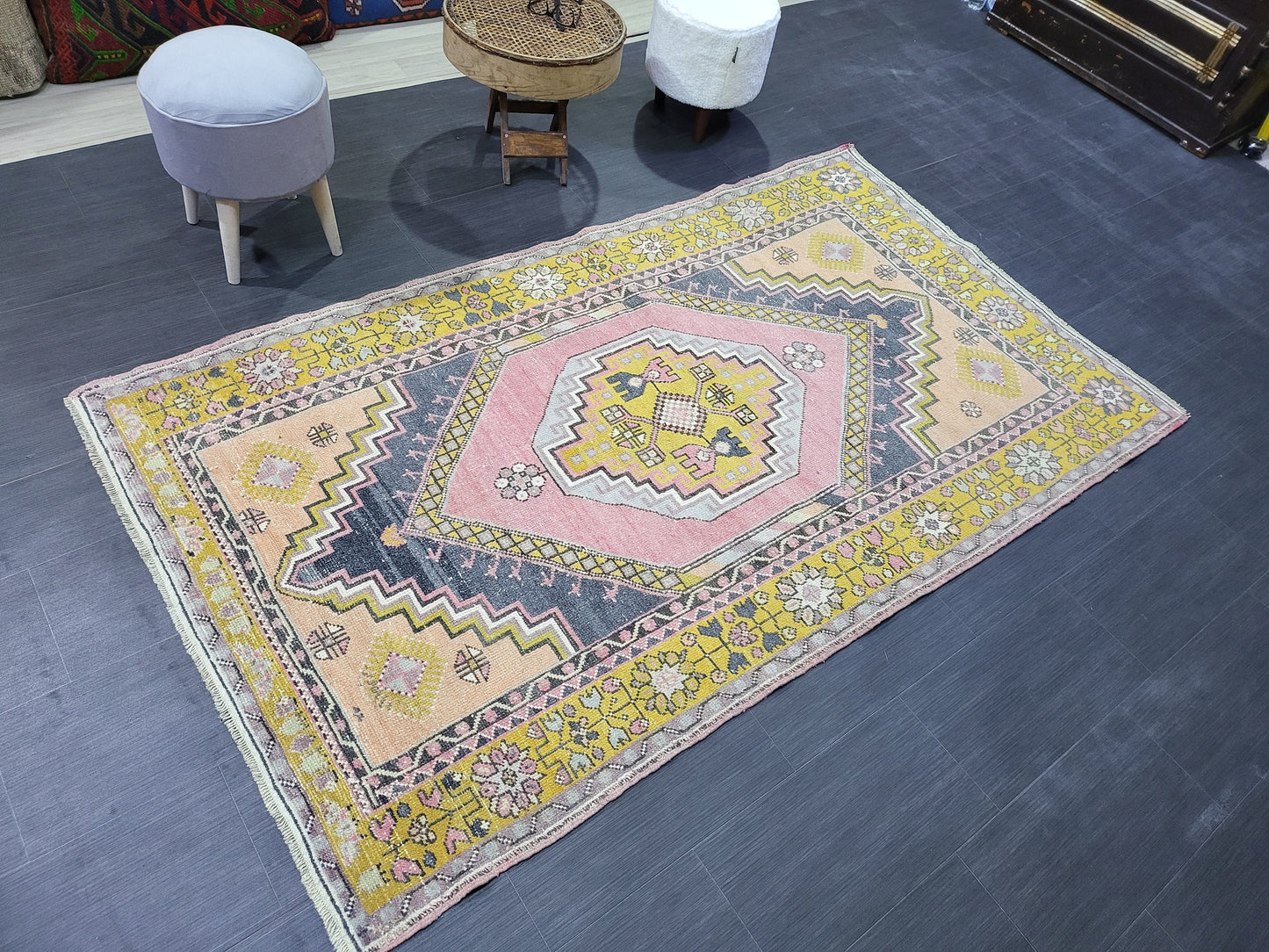 Vintage Rug, TURKISH 4.2 x 7.4 HANDMADE Rug, Vintage Turkish Rug, Oushak Rug, Turkish Oushak Rug, Vintage Handknotted Rug, Wool Rug