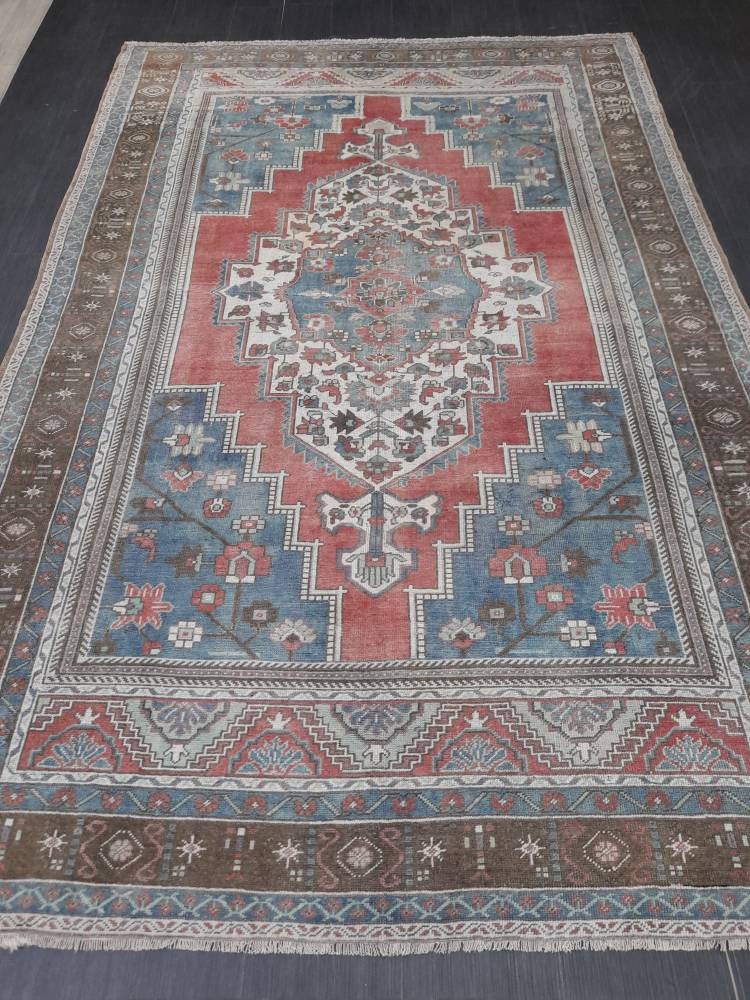 Oushak Rug 6.5 x 10 Blue And Red Persian Rug Vintage Rug Soft Wool Rug Antique Turkish Rug Muted Quality Turkish Rug